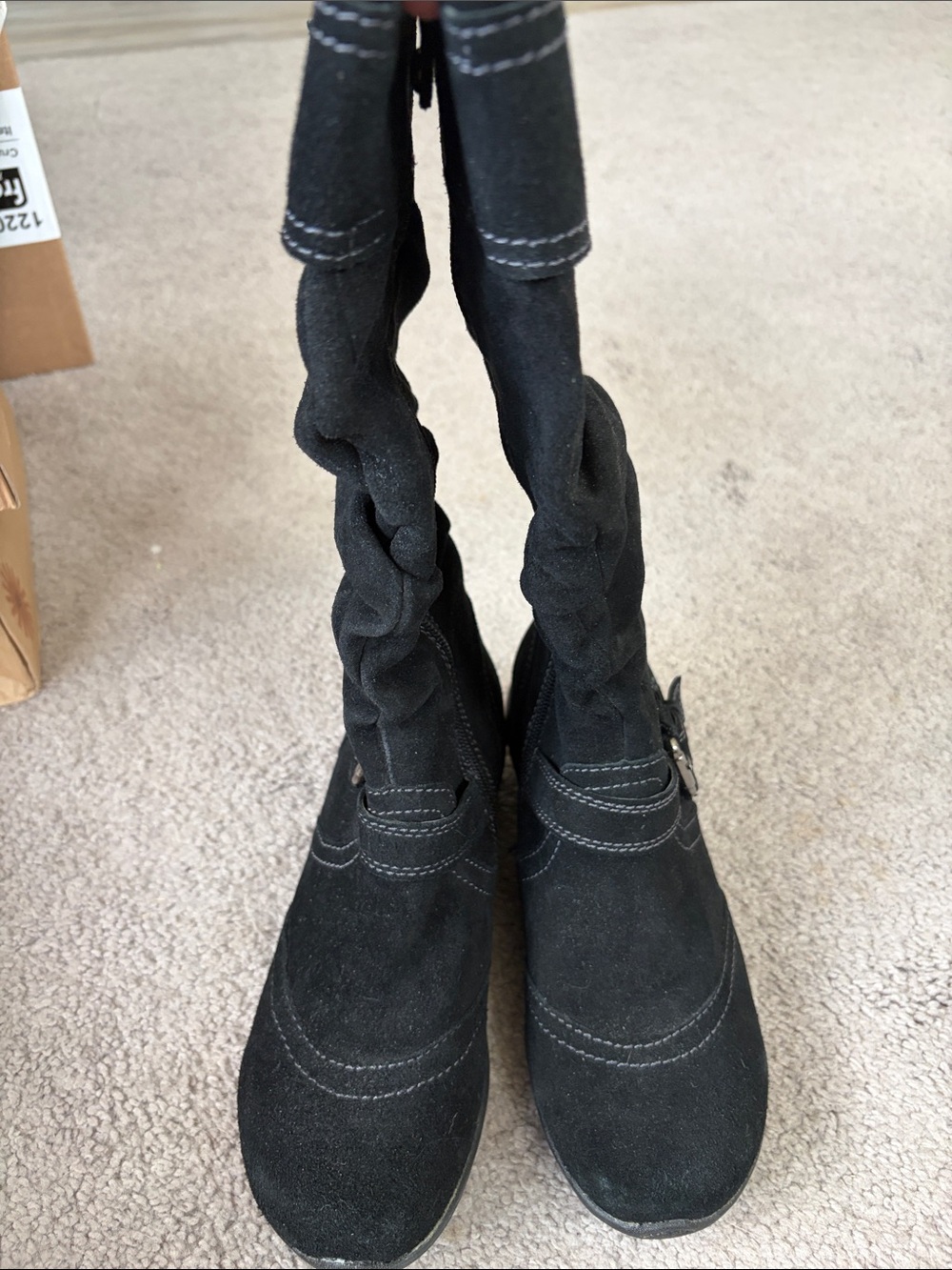 Women's Black Suede Braided Shaft Heeled Boots